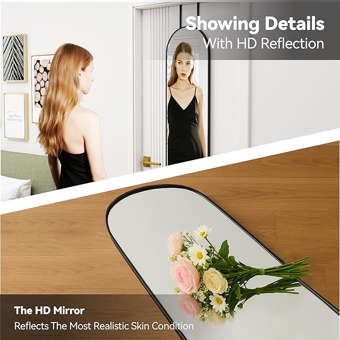 SCWF-GZ 57x16 Door Hanging Full Length Mirror, Floor Stand (Height 5.7ft just Body in1.3ft) / Wall Mounted Metal Frame Arch Dressing Mirrors for Bedroom Living Room 57 inch Black