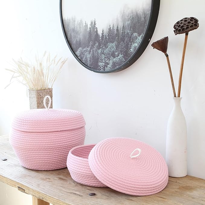 Sea Team Round Cotton Rope Storage Basket with Lid, Decorative Woven Storage Bin, Pot, Caddy, Organizer, Container for Snacks, Towels, Plants, 13 x 9 Inches (Large, Pink)