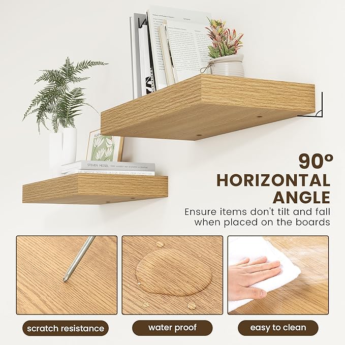 FLYJOE 12 Inch Deep Floating Shelves | 24 Inch Oak Floating Shelves | 24" W x 12" D Rustic Wood Shelves for Wall | Deep Shelves for Living Room Bathroom Laundry Room Kitchen
