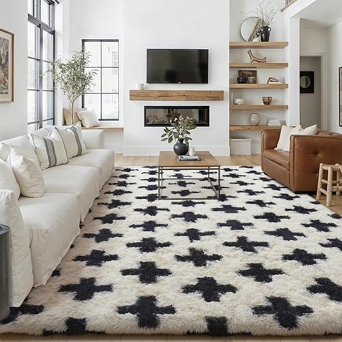 PureCozy Black and White Rug 6x9 for Living Room, Super Soft Modern Shag Rug Washable Fluffy Rugs Indoor Fuzzy Carpet Non-Slip Fluffy Rugs for Bedroom Home Aesthetic Decor