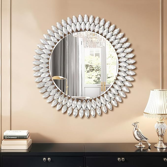 26 Inch Round Mirrors for Wall Decor, Luxury Diamond Entryway Mirrors for Wall, Silver Decorative Mirror for Living Room, Bedroom, Bathroom, Dining Room, Fireplace