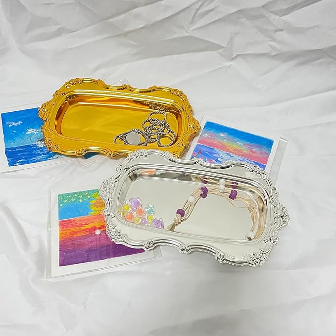 Gold Decorative Tray Vintage Perfume and Makeup Organizer, 7.87” x 4.84” Jewelry Organizer Bathroom Trays Jewelry Display,Vintage Carving Decor Home (Rectangle-Gold)