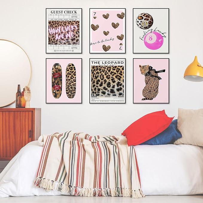 Habseligkeit Pink Leopard Print Wall Art, Preppy Wall Decors for Room Aesthtic, Fashion Posters for Girls Bedroom Decor Aesthetic Unframed, 8X10in, Set of 6