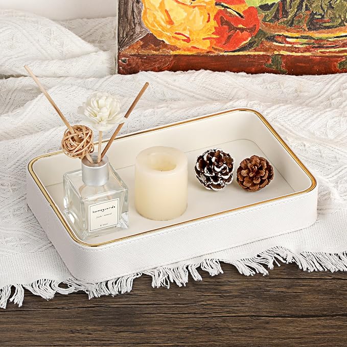 Hipiwe Decorative Perfume Tray PU Leather Valet Trays Bathroom Vanity Tray Catchall Trays Bedside Nightstand Organizer for Dresser Earrings Trinket Jewelry Holder, 9.5" x 6.1" x 1.5"