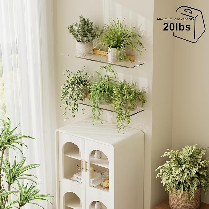 QsQueen Acrylic Floating Shelves with Solid Wood Base, Wall Mounted Shelf for Plants, Perfume, Nail Polish, Bathroom, Bedroom & Living Room Décor
