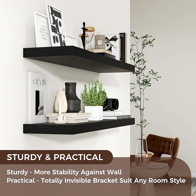 Venusmiles Floating Shelves for Wall 36 inch Long, Engineered Wood Wall Shelves with Invisible Brackets for Living Room Bedroom Bathroom Office Kitchen Decor and Storage, Black Finish, Set of 2
