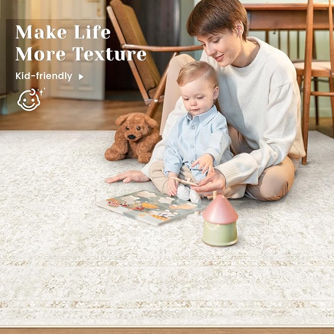 8x10 Area Rugs for Living Room: Washable Large Vintage Floral Rug Low Pile Non-Slip Boho Carpet for Bedroom Dining Home Office (Floral Beige, 8'x10')