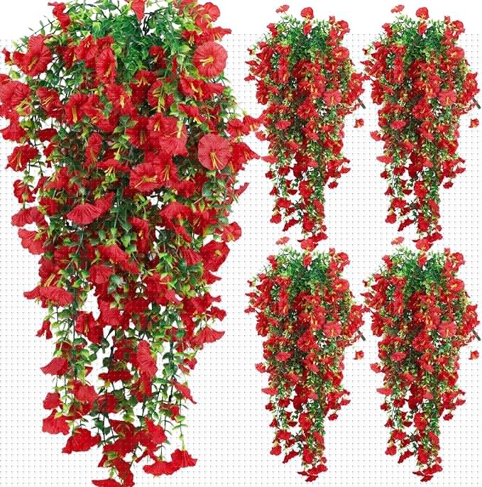 4-Pack Fake Hanging Plants, Faux Hanging Plant Artificial Greenery for Living Room Bedroom Boho Wall Shelf Indoor Outdoor Decor (Red Morning Glory)