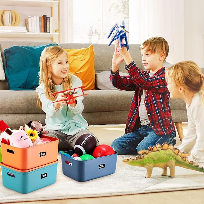 Tanlade 8 Pcs Plastic Storage Bins Stackable Baskets with Lid and Handle Colorful Desktop Storage Box Cubby Containers for Shelf Bedroom Office, Include 1 Erasable Marker, 16 Stickers (14 x 10 x 6 In)
