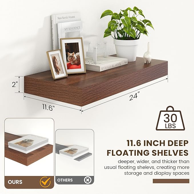 FLYJOE 12 Inch Deep Floating Shelves | 24 Inch Walnut Floating Shelves | 24" W x 12" D Rustic Wood Shelves for Wall | Deep Shelves for Living Room Bathroom Laundry Room Kitchen