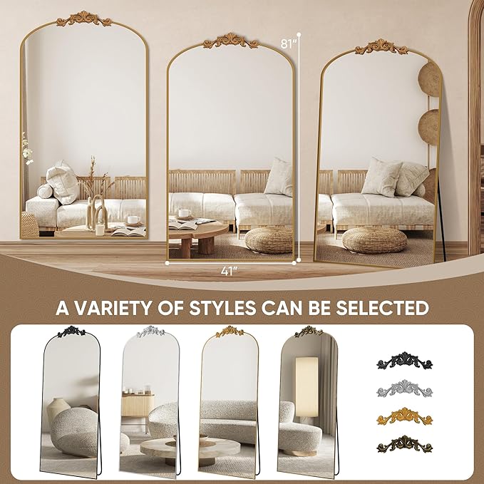 Antok Arched Full Length Mirror, 81"x41" Floor Mirror with Carved, Full Body Mirrors for HomeDecor, Standing/Halling Large Wall Mirror for Bedroom, Living Room, Cloakroom, Gold, Retro Style