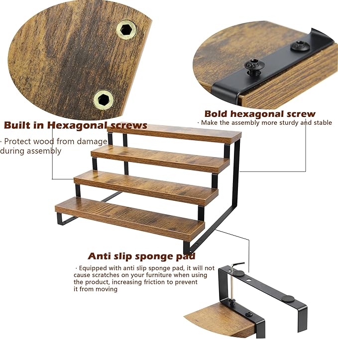 4 Step Wood Countertop Display Riser Stand,Wooden Display Riser Shelf,Spice Rack Organizer,Countertop Display Shelf for Perfume,Makeup,Figure, Bottles,Jars,Baking Supplies (Rustic Brown)