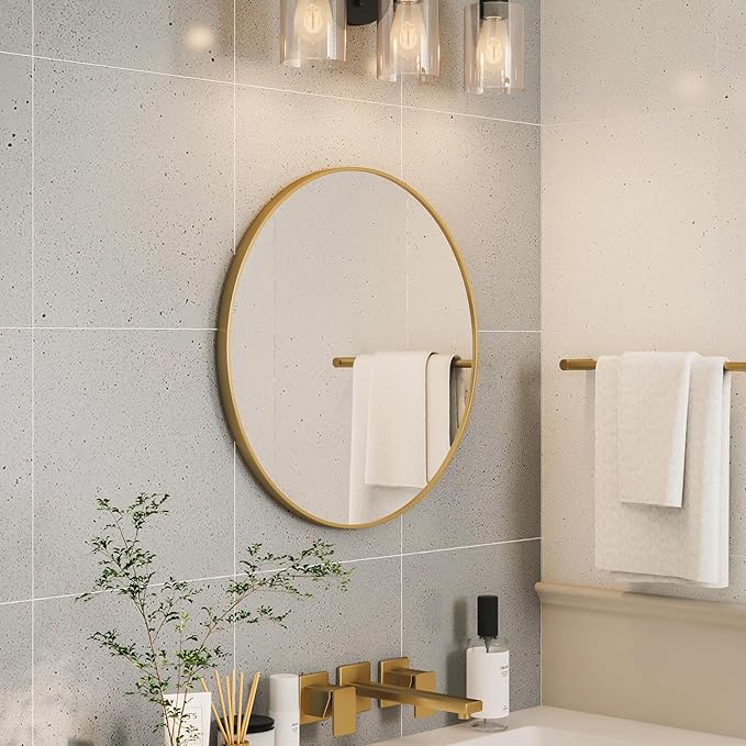Gold Round Mirror, 24 inch Round Bathroom Mirror, Gold Circle Mirror for Bathroom, Wall Decor for Living Room, Entry Way, Bedroom, Metal Framed