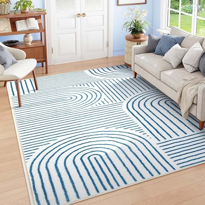 Lahome Abstract 8x10 Area Rugs, Soft Washable Blue Rugs 8x10 Living Room Rugs for Bedroom Dining Room, Ultra-Thin Accent Carpet for Office Dining Room Darrell (8x10ft,Blue/White)