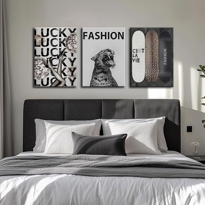 Trendy Leopard Canvas Wall Art Fashion Cheetah Lucky Skateboard Wall Decor Pictures Funky Vintage Preppy Luxury Aesthetic Posters Prints for Girly Bedroom Apartment Dorm Decoration 16x24in