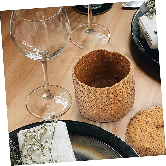 VALICLUD Wicker Lidded Basket Storage Box Lid for Home Handmade Basket Decorative Flower Bin