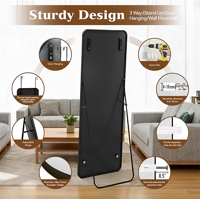 NARCISSUS 57x20 Mirror Door Hanging Full Length Body with Floor Stand or Wall Mounted Metal Aluminum Frame Tempered Glass Rectangle Mirrors for Bedroom Dressing Living Room Bathroom 57 inch Black