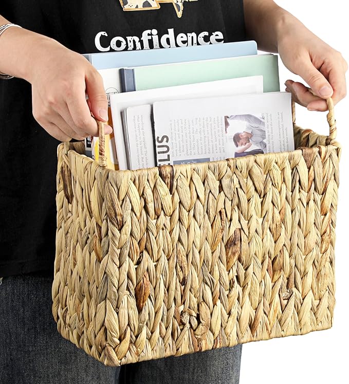 BTSKY Woven Magazine Holder, Water Hyacinth Magazine Basket, Natural Narrow Storage Basket Bin for Books & Files, Magazine Rack with Built-in-Handle for Home, Office & Desk - 12.1x5.6x10.9 Inch