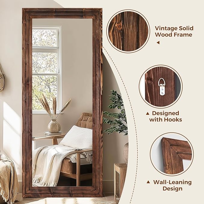 Full Length Wood Mirror 71x30 - Rustic Solid Wood Floor Mirror with Triple Layer Frame, HD Tempered Glass, Wall Mounted or Leaning Standing Mirror Vintage Brown Mirror for Bedroom Bathroom Living Room