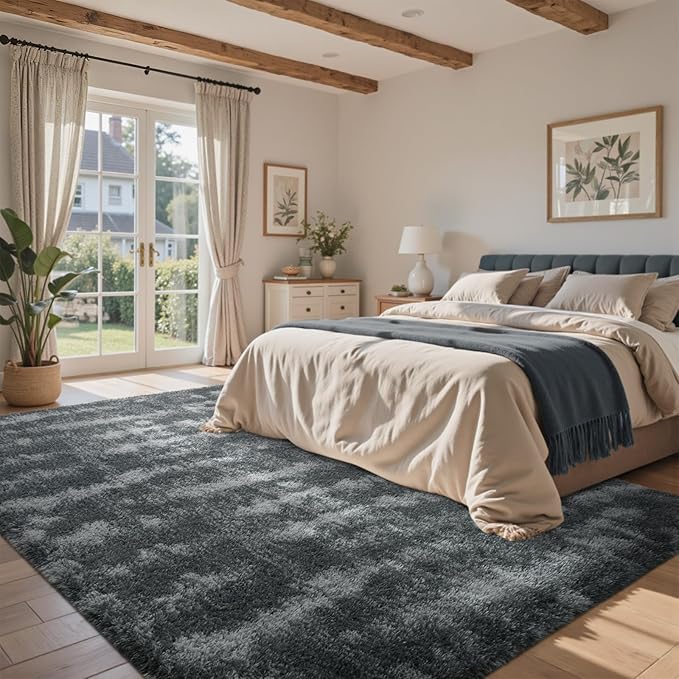 5x7 Ft Large Shag Rug for Living Room Bedroom,Tie-Dyed Ultra Soft Fluffy Furry Area Rug, Aesthetic Carpet for Indoor Floor Home Decor (Dark Grey)