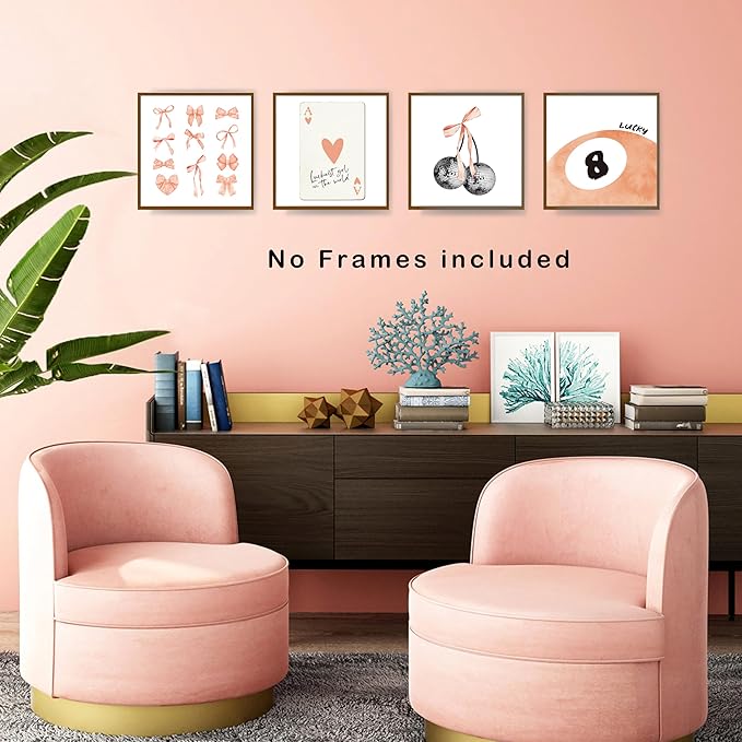 okaxscm Fall Orange Coquette Trendy Preppy Wall Art Prints Set of 4, Coquette Room Decor, Preppy Room Decor Aesthetic, Orange Bow Disco 8 Ball Cherry Wall Decor Posters for Girls Bedroom Dorm,10x10 Unframed