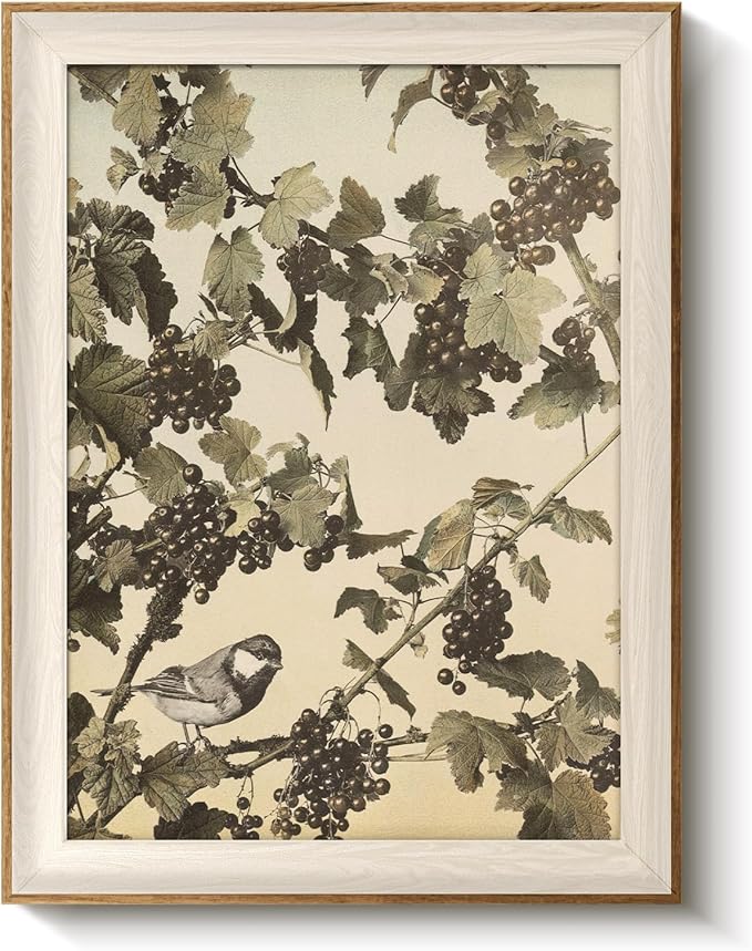 VIYYIEA Framed Wall Art for Living Room, Vintage Bird on Berry Branch Canvas Prints, Antique Botanical Home Decor, Nature Theme for Kitchen Bedroom Office Hallway, 12x16 Inch