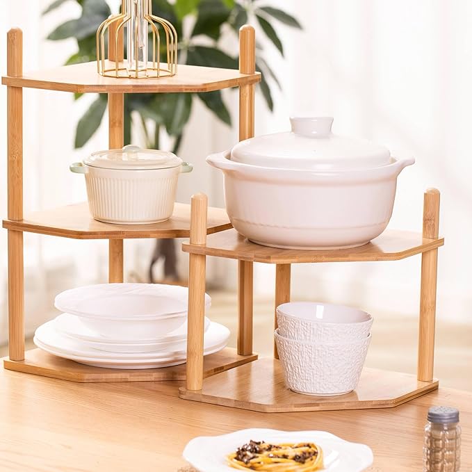 3 Tier Expandable Bamboo Corner Shelf - Dish/Plate Organizer for Cabinet, Kitchen Counter Shelf & Small Kitchen Shelf, Adjustable (1, 3Tier-6.7" H)