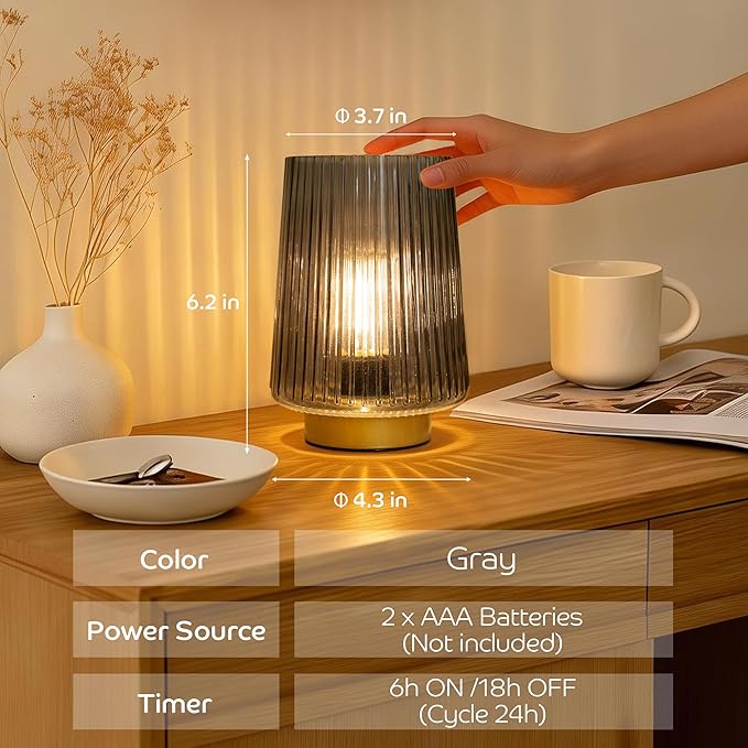 LUSHARBOR Battery Powered Lamp with Timer, Cordless Small Table Lamps Battery Operated with LED Bulb, Decorative Bedside Lamp for Living Room Grey 2Pack