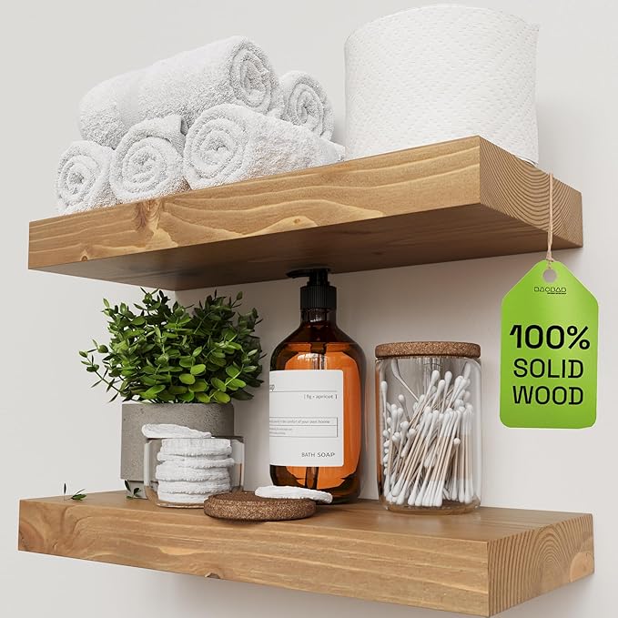 BAOBAB WORKSHOP Natural Wood Floating Shelves for Wall 16 inch - Floating Wall Shelves for Kitchen Bedroom - Wooden Bathroom Shelves - Floating Shelf - Oak Finish, 16W x 6.7D, Set of 2