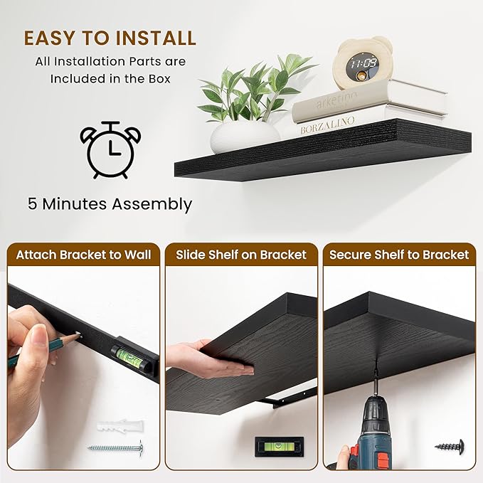 Fun Memories 9.3Inch Deep Floating Shelves for Wall, 32 Inch Rustic Wood Wall Mounted Shelves for Bathroom, Bedroom, Kitchen, Deep Floating Shelf for Storage & Home Decor (Black, Set of 2)