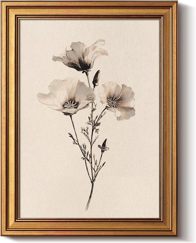 Bzstyleart Vintage Wall Art Decor for Living Room, Canvas Framed Flower Wall Art, Sketch Poppy Flower Picture Painting, Vintage Room Decor Aesthetic for Bedroom Kitchen, California, 12L x 16W