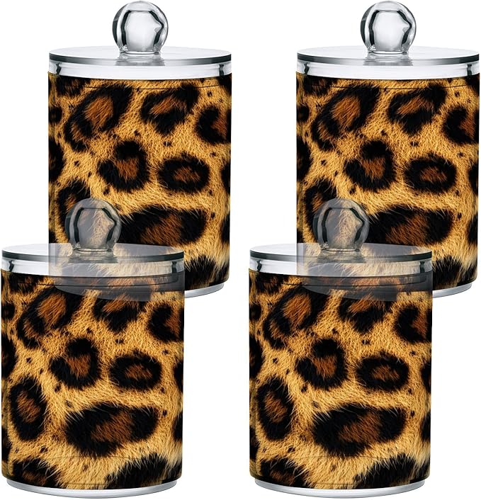 Nander 4Pack Beautiful Brown Leopard Print Qtip Holder Dispenser -Clear Plastic Apothecary Jars Set - Restroom Bathroom Makeup Organizers Containers for Cotton Swab, Ball, Pads, Floss