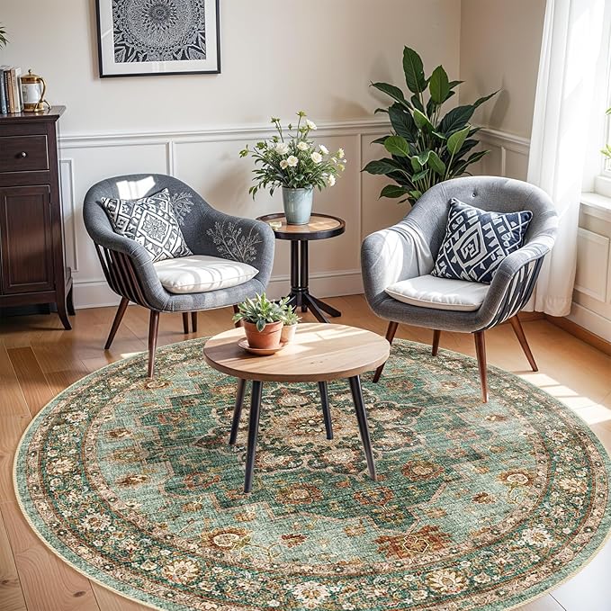 TOPRUUG Washable Oriental Area Rug - 6ft Round Rugs for Living Room Soft Carpet for Bedroom Waterproof Floral Distressed Indoor Stain Resistant Non-Shedding Floor Carpets (Green, 6ft-Round)
