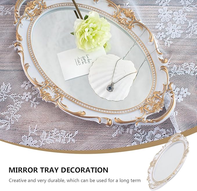 Sewroro European Style Retro Mirror Tray Decorative Oval White Perfume Storage Plate Makeup Organizer Cosmetic Display Prop for Photography and Home Décor