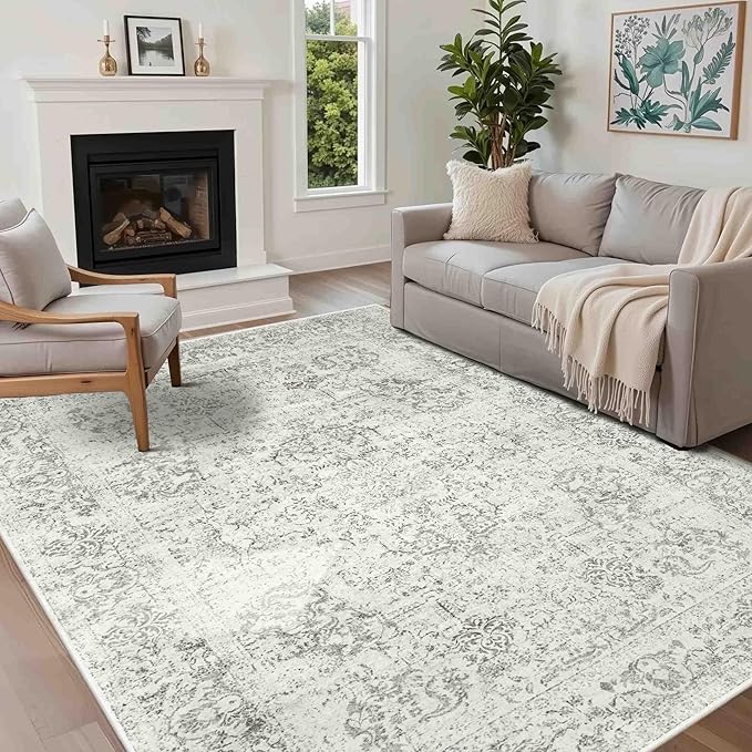 Rugxara 5X7 Washable Area Rug for Living Room, Neutral Vintage Large Boho Rugs for Office, Dining Room, Kids Room, Farmhouse, Durable Low Pile Non Slip Carpet for High Traffic Areas, Light Grey