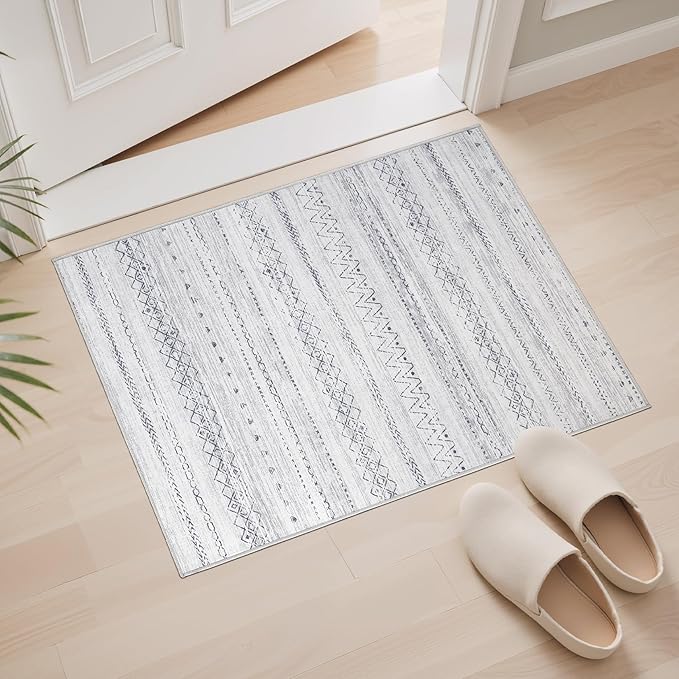 cotiled Washable 2x3 Entryway Rug: Washable Boho Rugs with Non Slip Backing Small Soft Indoor Stain Resistant Carpet for Kitchen Front Lightweight Home Decor Grey