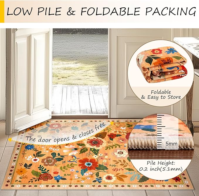RELEANY Floral Nursery 2x10 Area Rugs Washable Print Boho Cute Carpet Non Slip Flower Low Pile for Living Room Kids Girls Playroom Bedroom Kitchen Office Farmhouse-Yellow/Orange