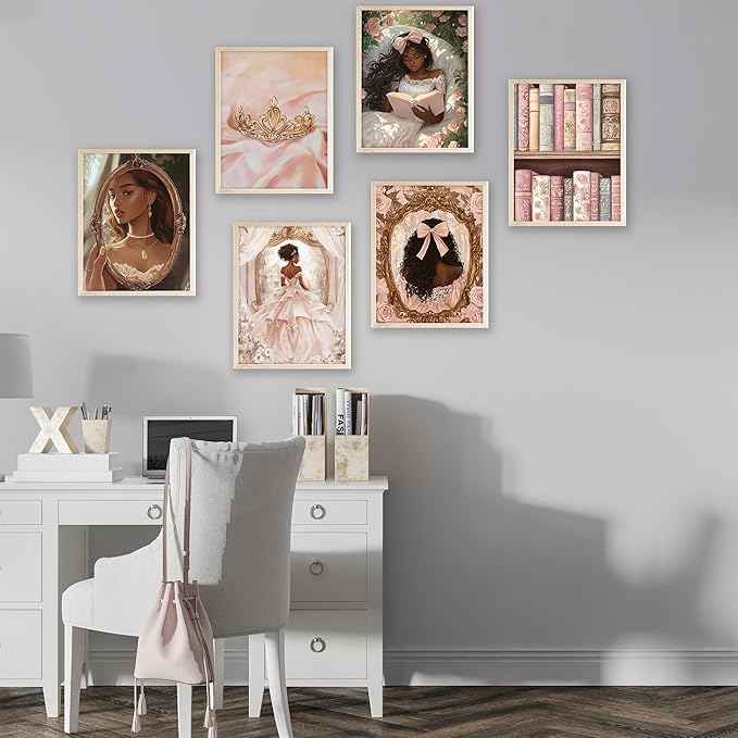 Eastern Print 6 Pieces African American Wall Art, Cute Black Princess Room Decor For Girls Bedroom, Black Girl Posters For Room Aesthetic, Black Women Poster For Room Aesthetic, Unframed 8x10 Inches