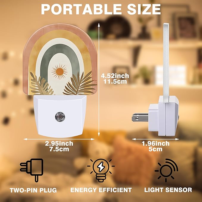 Sun and Leaves Night Light, Boho Rainbow Night Lights Plug into Wall Dusk to Dawn Sensor Round Nightlight for Women Men Energy Efficient Led Lamp 0.5W for Stairway Hallway Bedroom
