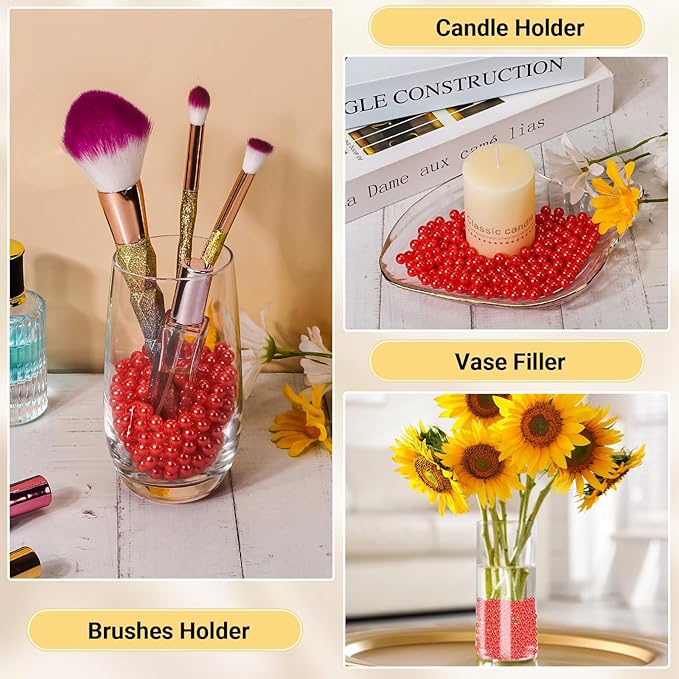 Suream Imitation Pearls 1300 Pcs, 8mm/0.31In Pearl for Exquisite Makeup Brush Holder, Art Faux Round Beads with Luster, No Hole Decorative Vase Filler Pearls for Wedding, Party, Table Scatter, Red