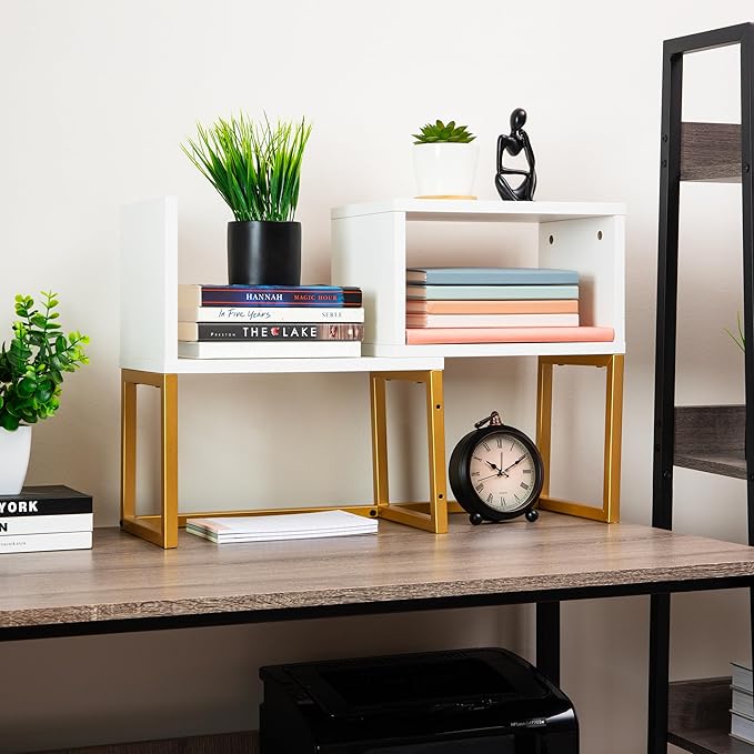 Mind Reader Floating Shelves, Wall-Mounted Office Organizers, Modern MDF Display Storage with Metal Rail, Set of 2, White
