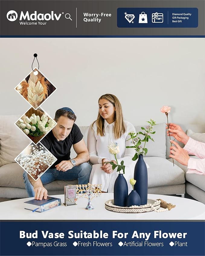 Mdaolv Matte Blue Vase Set Navy Blue Decor Coastal Decor Vases for Kitchen Island Living Room Office Table Fireplace Mantle Decorations & Bathroom Shelf Decor Centerpiece Table Decorations Ceramic