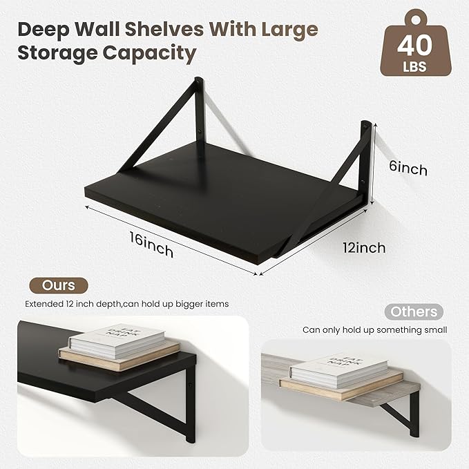 Marsmiles Black Floating Shelves for Wall, 12 Inch Deep Wood Wall Mounted Shelves Set of 2, 16W x 12D Wide Floating Wood Shelves for Bathroom Bedroom Kitchen Living Room, Black