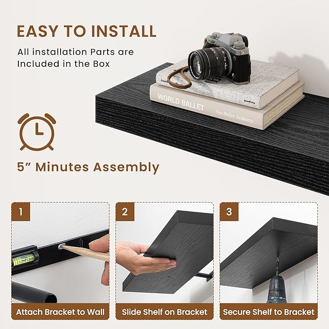 fuqing Floating Shelves for Wall, Wall Mounted Wood Floating Shelf with Invisible Brackets for Living Room, Bathroom, Bedroom, Kitchen Storage and Decor, 20 Inch Set of 2, Black