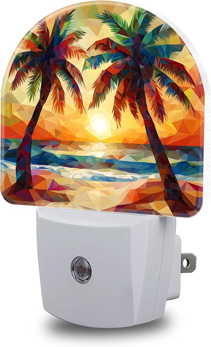 Night Lights Plug into Wall Beach Sunset with Palm Trees Night Light Dusk to Dawn Smart Sensor Decorative Round Led Lamp for Bedroom Kitchen Hallway Nightlight for Women Men