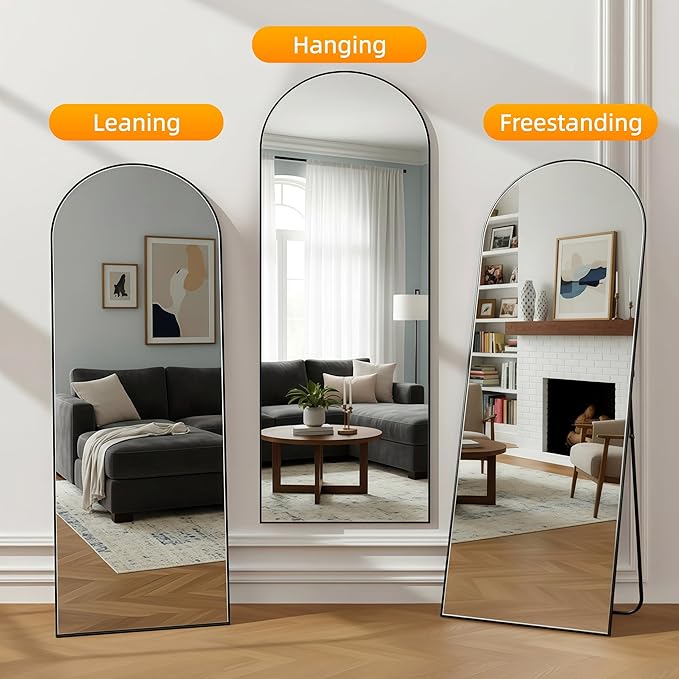 56"x21"Full Length Mirror,Arched Floor Mirrors with Aluminum Alloy Frame,Wall Mountable Tempered Glass Full Body Mirror for Wall Entryway Door Bedroom Bathroom Living Room Black