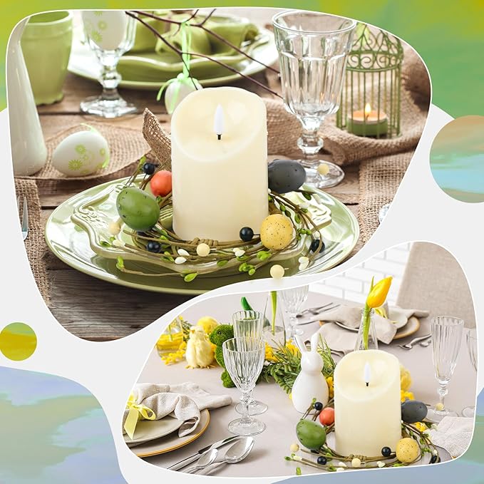 Daifunli 2 Pcs Easter Egg Candle Rings Primitive Farmhouse Vintage Eggs Pip Berry Wreaths for Pillar 3.9 Inch Candles Holder for Spring Easter Rustic Table Centerpiece Decor