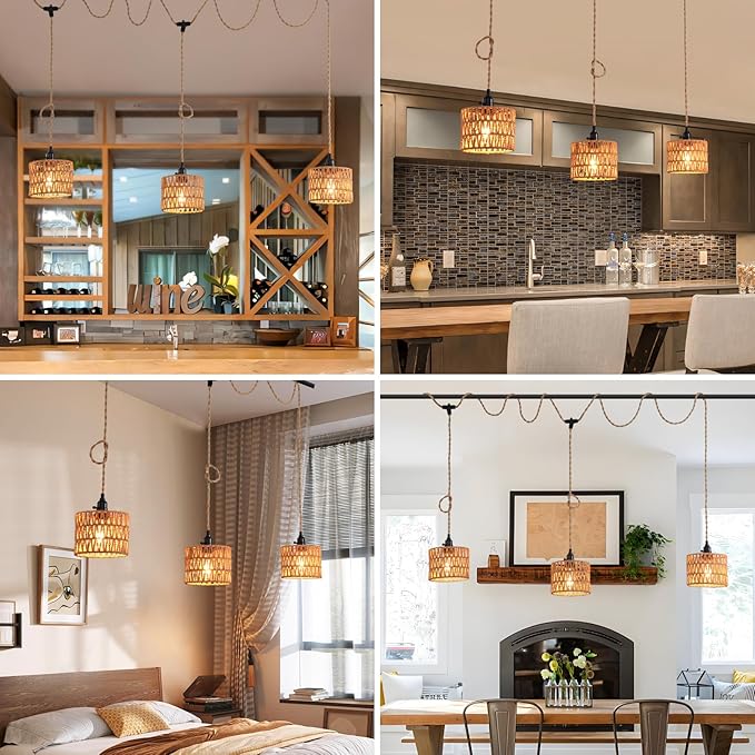 3-Light Hanging Light with Plug in Cord,Plug in Pendant Light 22ft Hemp Rope Pendant Lighting Vintage 3-Light Hanging Lamp Fixtures for Kitchen Island Living Room Bedroom