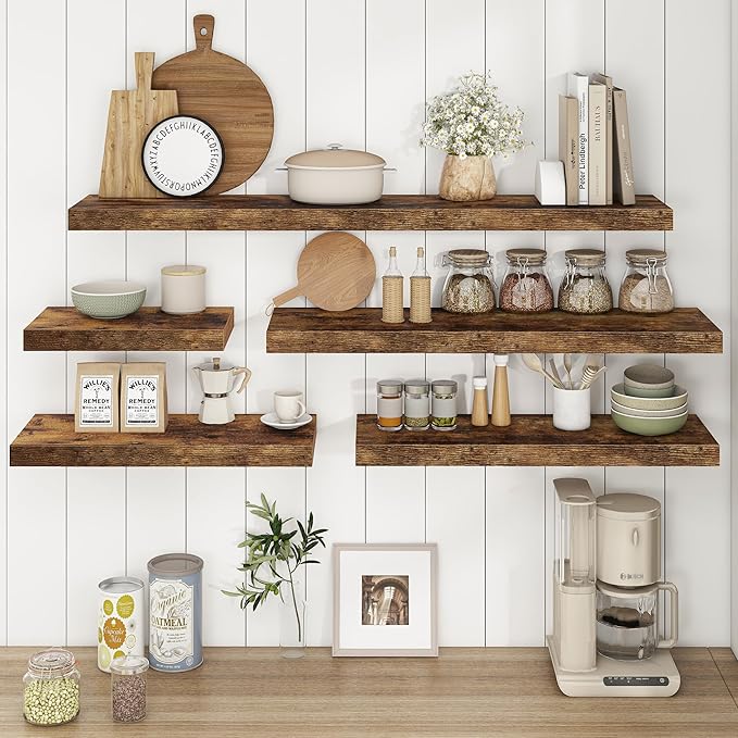 Fun Memories 32Inch Floating Shelves, 9.3Inch Deep Rustic Wall Shelves - Extra Deeper & Thicker Wall Mounted Storage Shelf for Kitchen, Farmhouse - 32" W x 9.3" D x 1.5" H - Set of 2 - Rustic Brown
