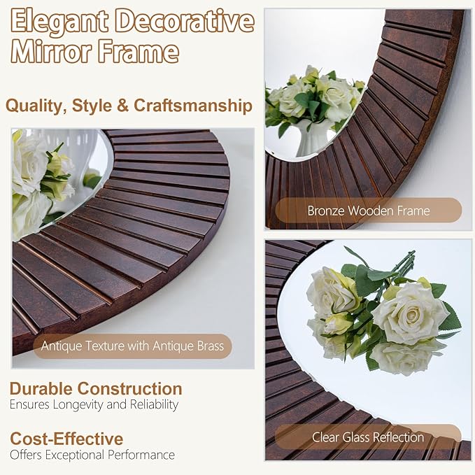 Chende 42'' Large Circle Mirror with Wood Frame, Decorative Mirror for Living Room, Farmhouse Bathroom Mirrors with Bronze Groove Finish for Entryway, Bedroom